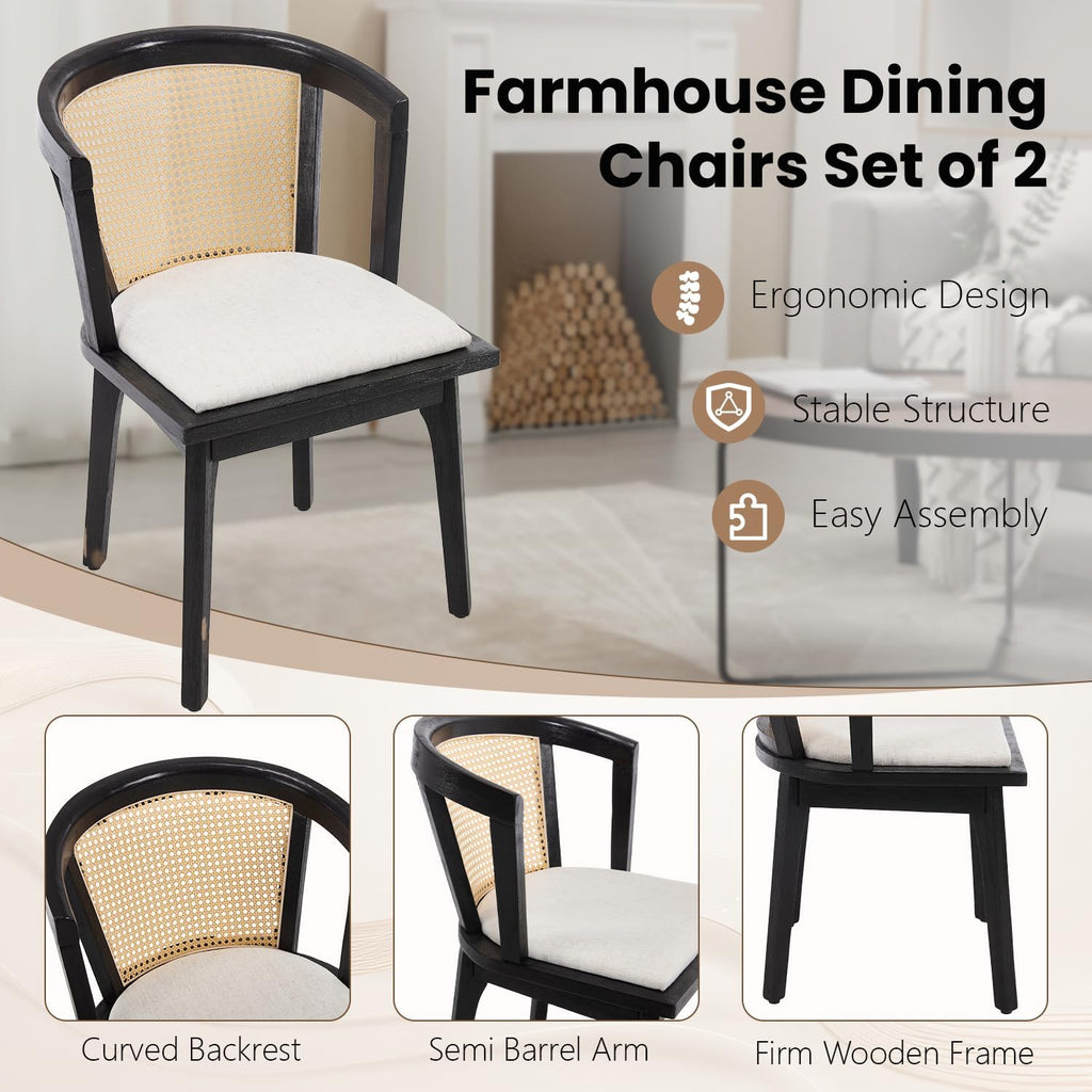 Modern Rattan Dining Chair Set of 4 Farmhouse Semi Barrel Dining Room Chair Wooden Upholstered Chair Oak Finish