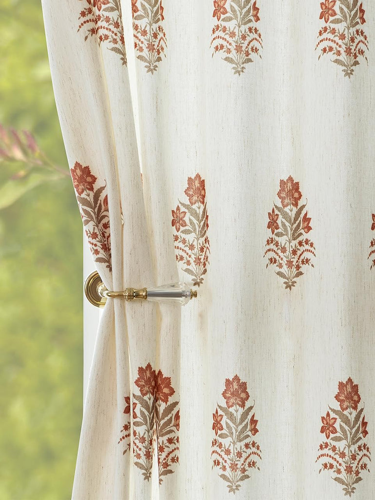 Pinch Pleated Curtains for Living Room: Light Filtering Floral Curtains 95" White Brown Linen Blend Drapes for