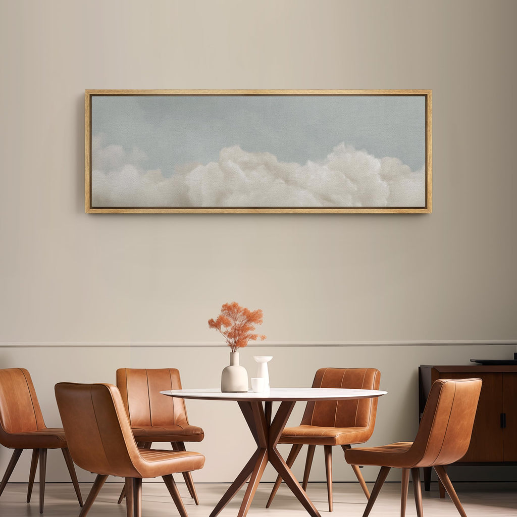 Large Framed Canvas Print Wall Art Cloudscape Soft Sky and White Cloud Illustrations Modern Art Calm Warm - 60"x20"