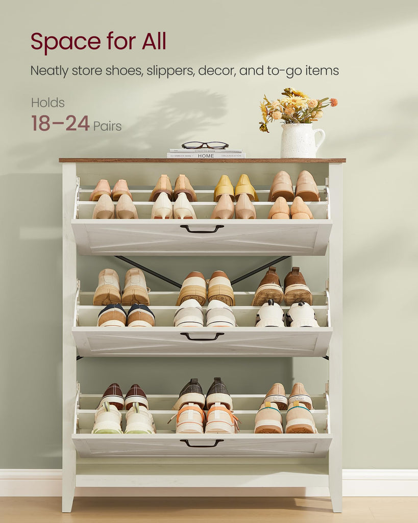 Farmhouse Shoe Cabinet, Narrow Storage Organizer, 3 Flip Drawers