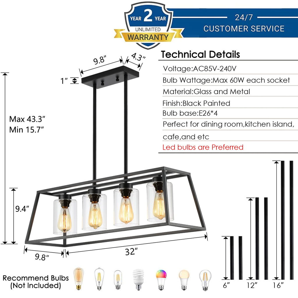 4-Light Black Farmhouse Chandelier Light Fixture