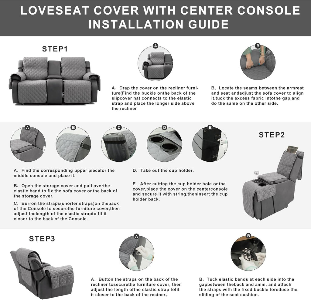 Loveseat Recliner Cover with Center Console, 100% Waterproof Pet Cover for Dual Recliner with Straps Design, Split