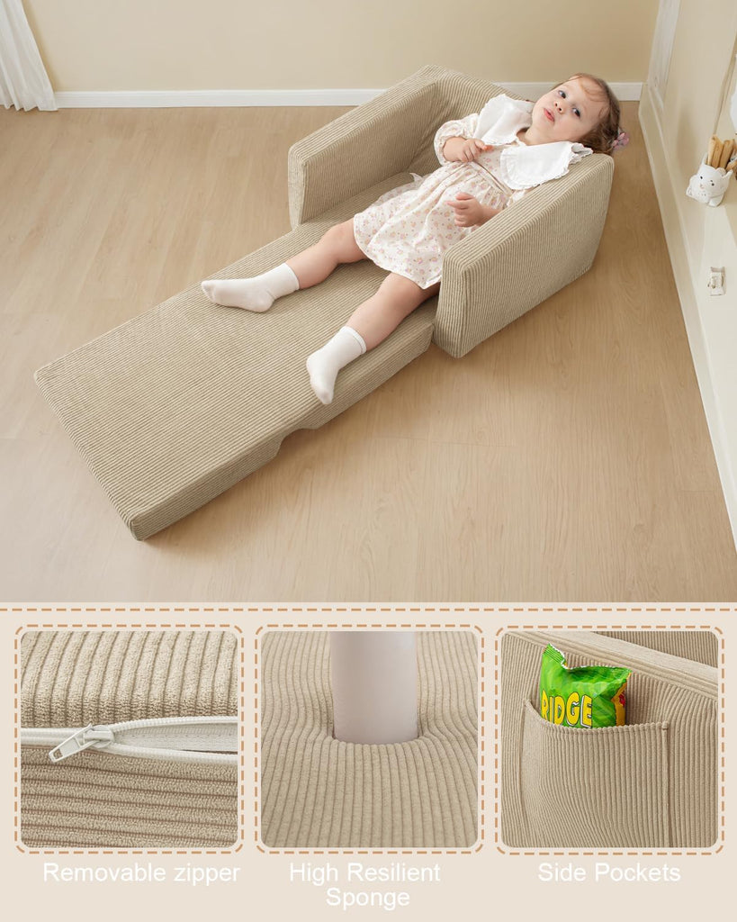 In-1 Kids Chair and Couch, Cozy Corduroy Kids Sofa, Beige