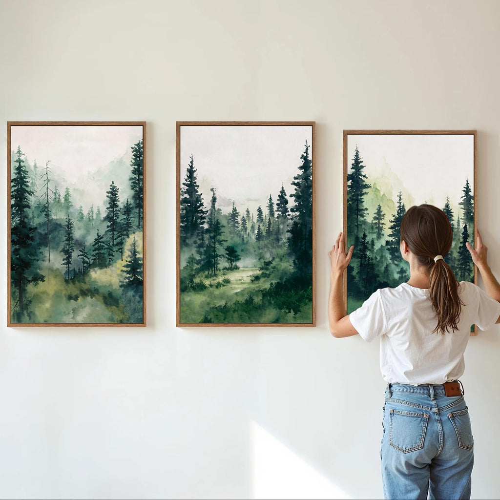Watercolor Forest Framed Canvas Wall Art Set, Modern Pine Tree Wall Painting, Nature Foggy Landscape Wall Decor