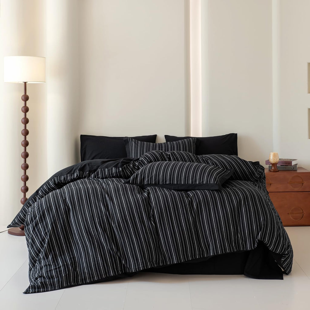 Pinstripe Duvet Cover 100% Washed Cotton 3 Pieces Set 1 Black Vertical Striped Duvet Cover with Zipper Ties 2
