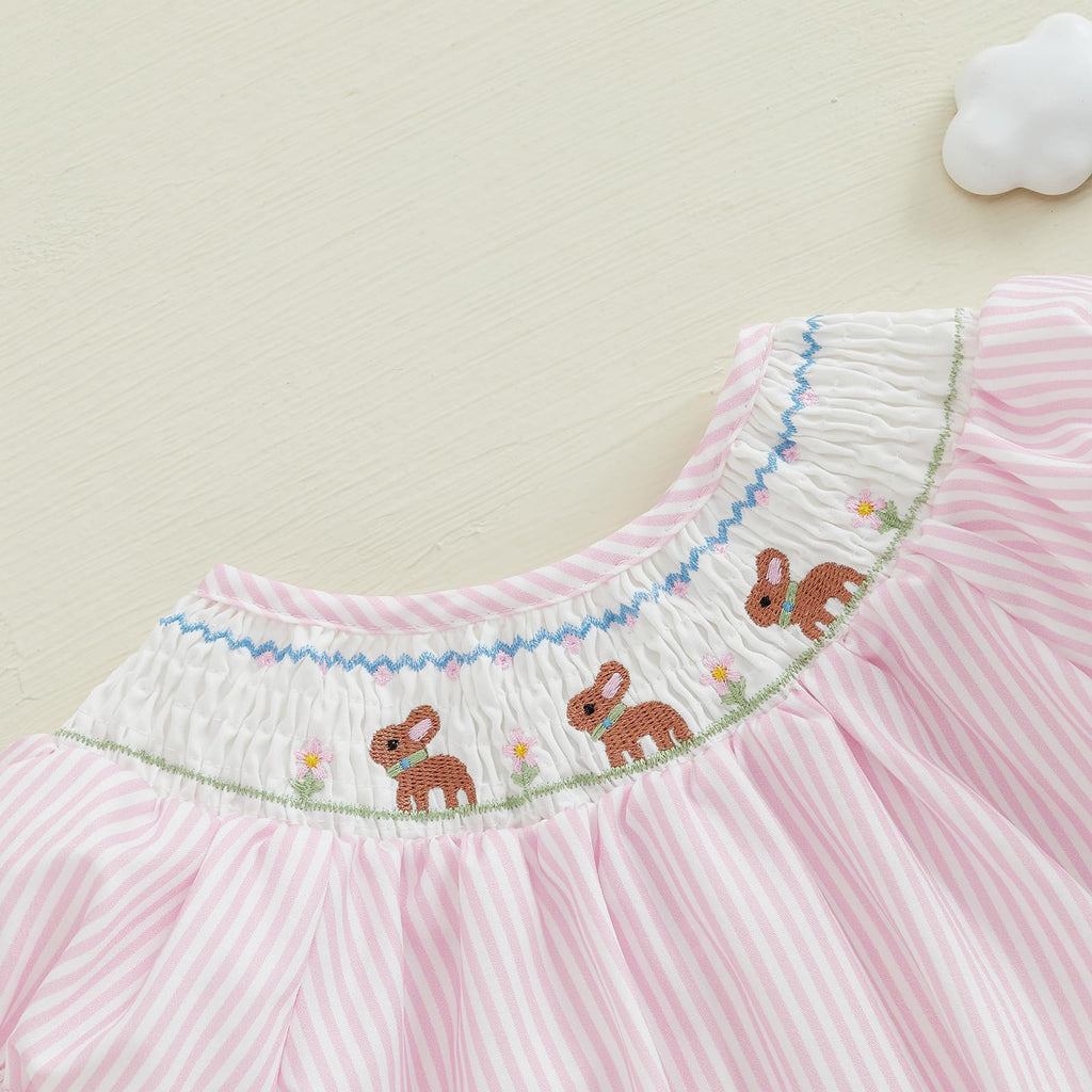 Easter Baby Girl Outfit Bunny Embroidery Bubble Romper Puff Short Sleeve Smocked Bodysuit Newborn Easter Clothes