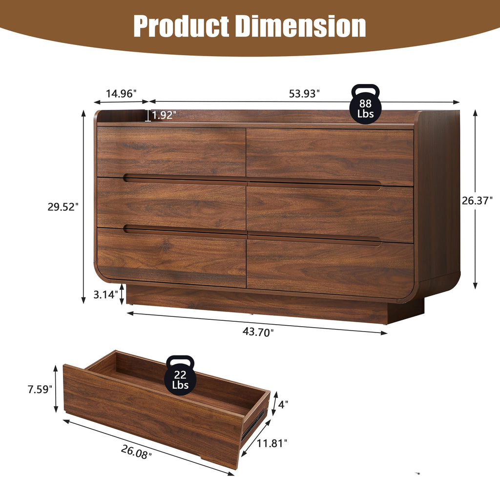 Curved 6 Drawer Dresser, Modern 53-Inch Chest of Drawers, Wood Storage Dresser Organizers with Hidden Handles, 6