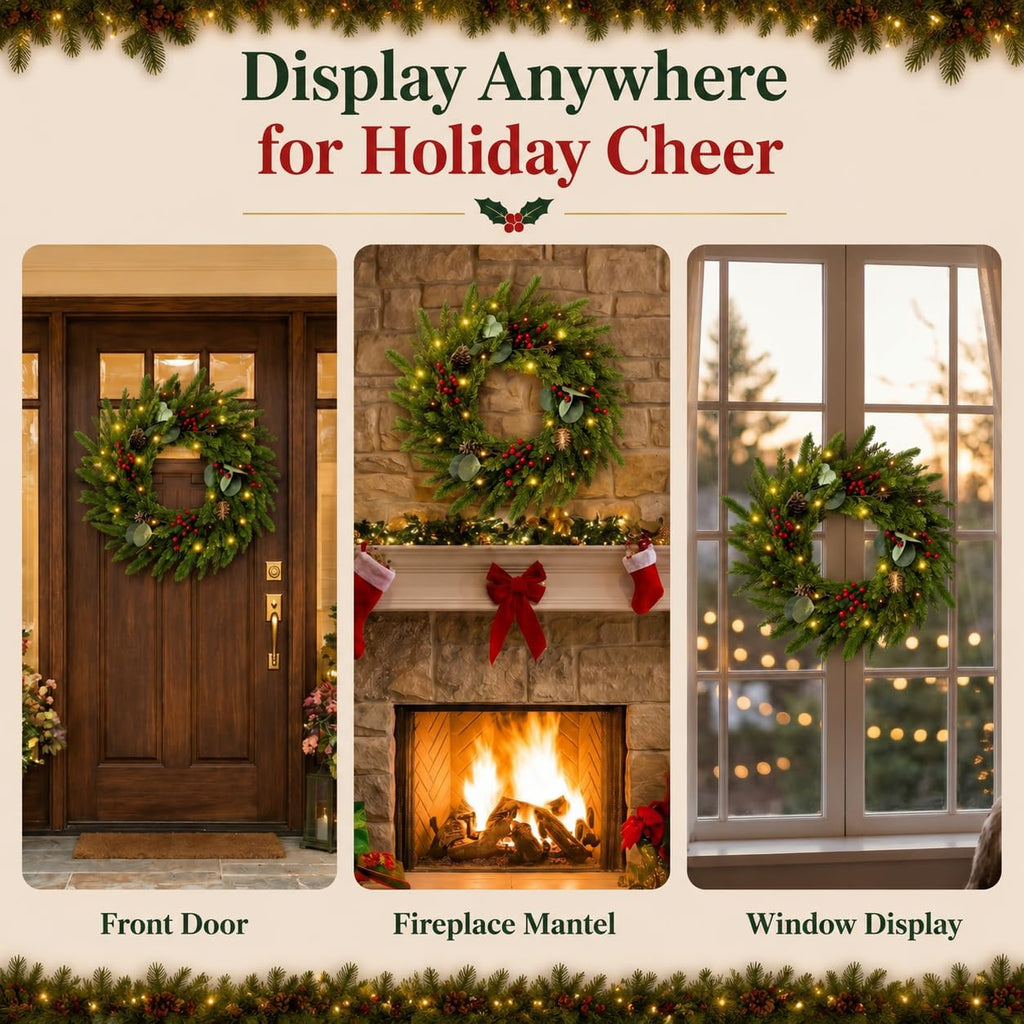 24 Inch Christmas Wreath for Front Door Artificial Wreath with Lights Red | Pinecones, Red Berries, Eucalyptus &