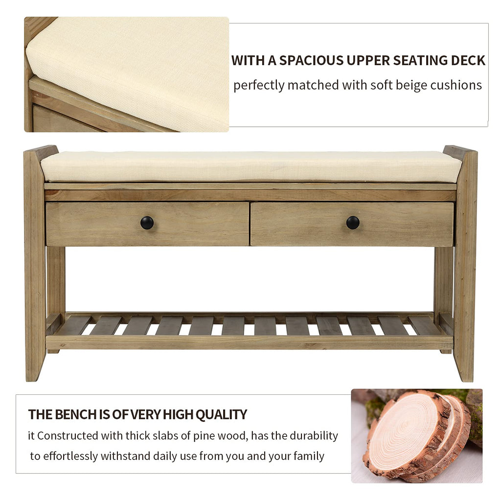 Storage Bench, Shoe Rack with Upholstered Seat and 2 Drawers, Solid Wood Entryway Storage Bench with Shoe Rack