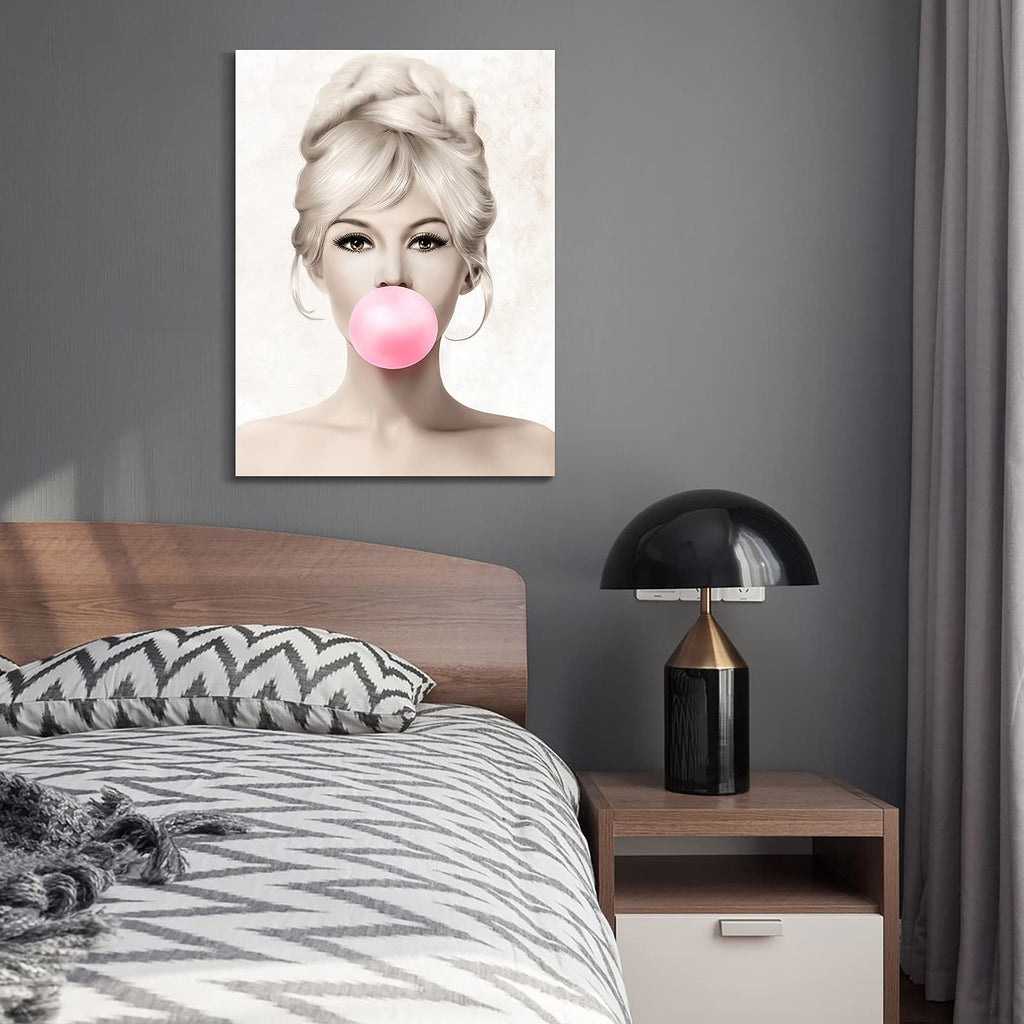 Beauty Portrait Brigitte Bardot with Pink Bubble Gum Canvas Wall Art Body Art Giclee Prints Wall Decor Bedroom Office