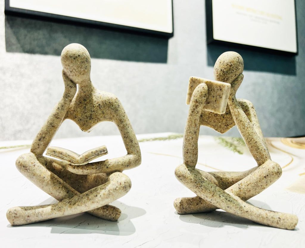 2 Pcs Home Decor Sandstone Reading Thinker Statue Modern Figurines Abstract Aesthetic Sculpture Thinker Statuettes of