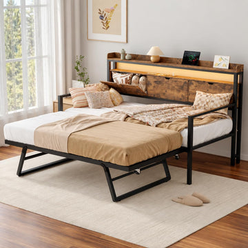 MU Twin Daybed with Trundle, Pop-Up Twin-to-King Bed, Rustic Brown