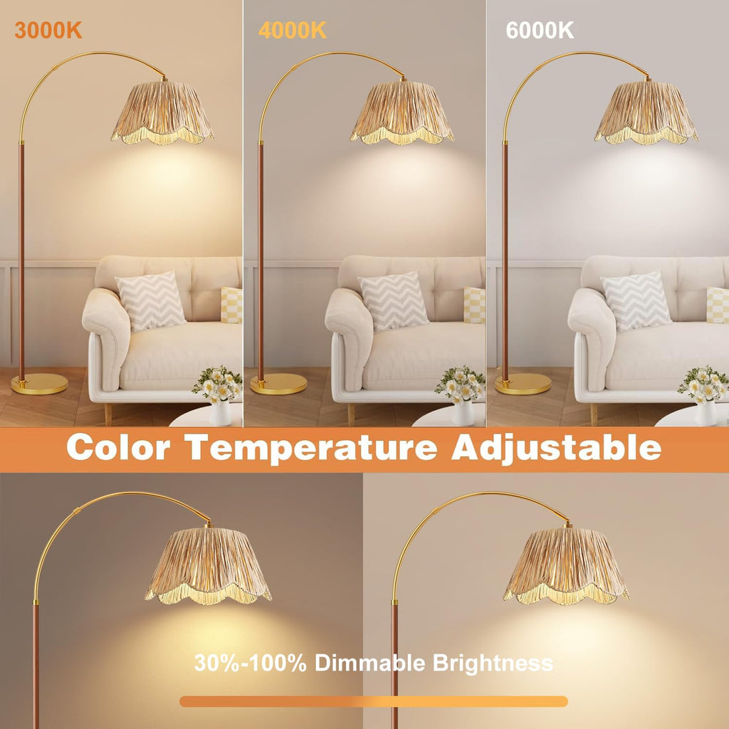 Vintage Arc Floor Lamps Farmhouse Wood Floor Lamp with Remote Control, Dimmable Rattan Floor Lamp Boho Standing Lamp
