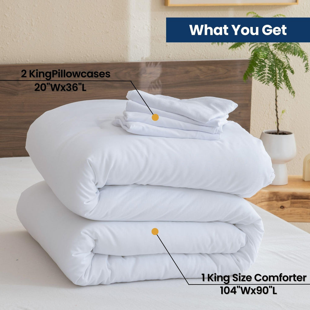 Classic Pure White Comforter King Size, 3 Pieces Boho Comforter Set, Lightweight Solid Bedding Set, All Seasons Soft