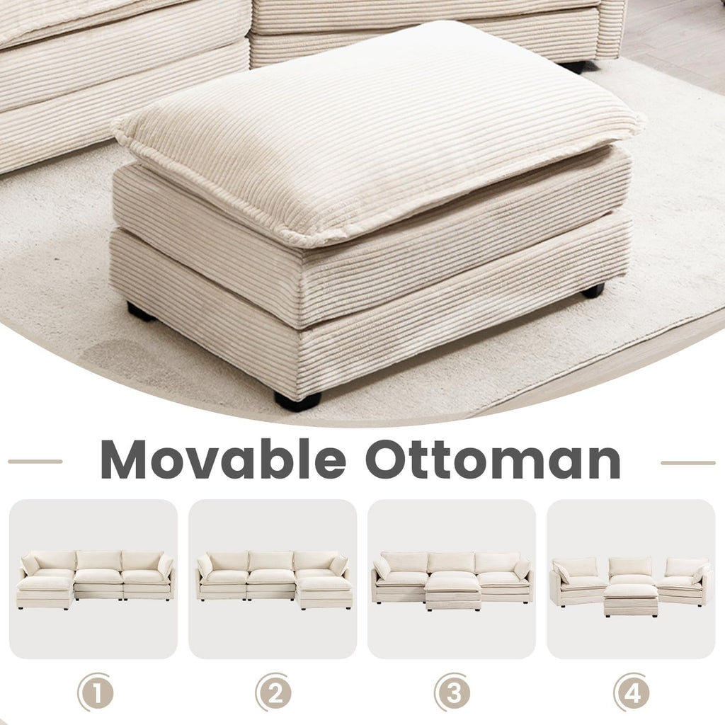 Oversized Modular Sectional Sofa with Movable Ottoman, 112-Inch 4-Seat Modern Corduroy L-Shaped Convertible Couch for Living Room or Office
