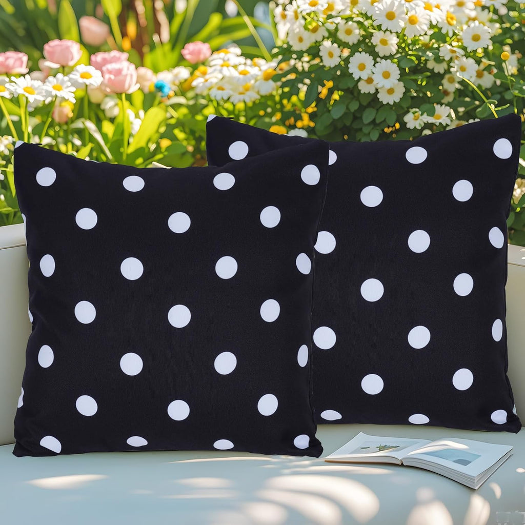 18X18'' Set of 2 Waterproof Outdoor Pillow Covers for Spring Summer Patio Throw Pillows, Black White Polka Dot, 18X18