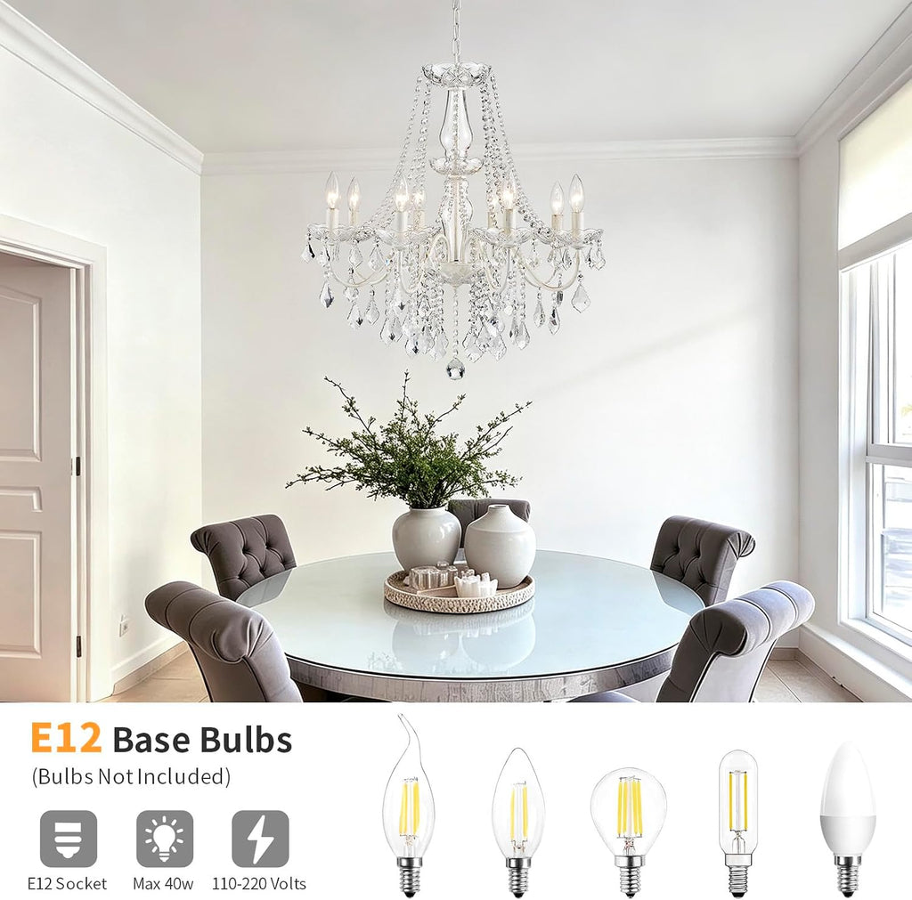 8-Light White Crystal Chandelier - Modern Candle Style Pendant Light, 26.4" W x 25.8" H