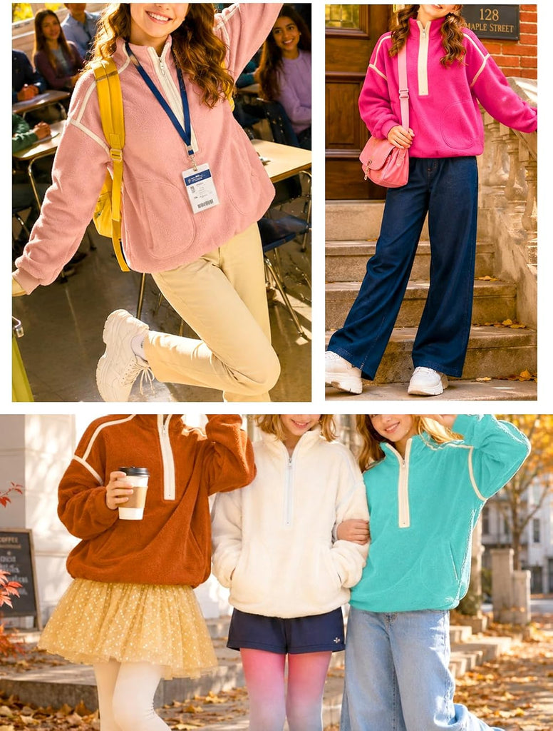 Girls Sherpa Fleece Top Fuzzy Half Zip Pullover Sweatshirt 2026 Warm Fall Winter Outfits Long Sleeve Pockets Coats