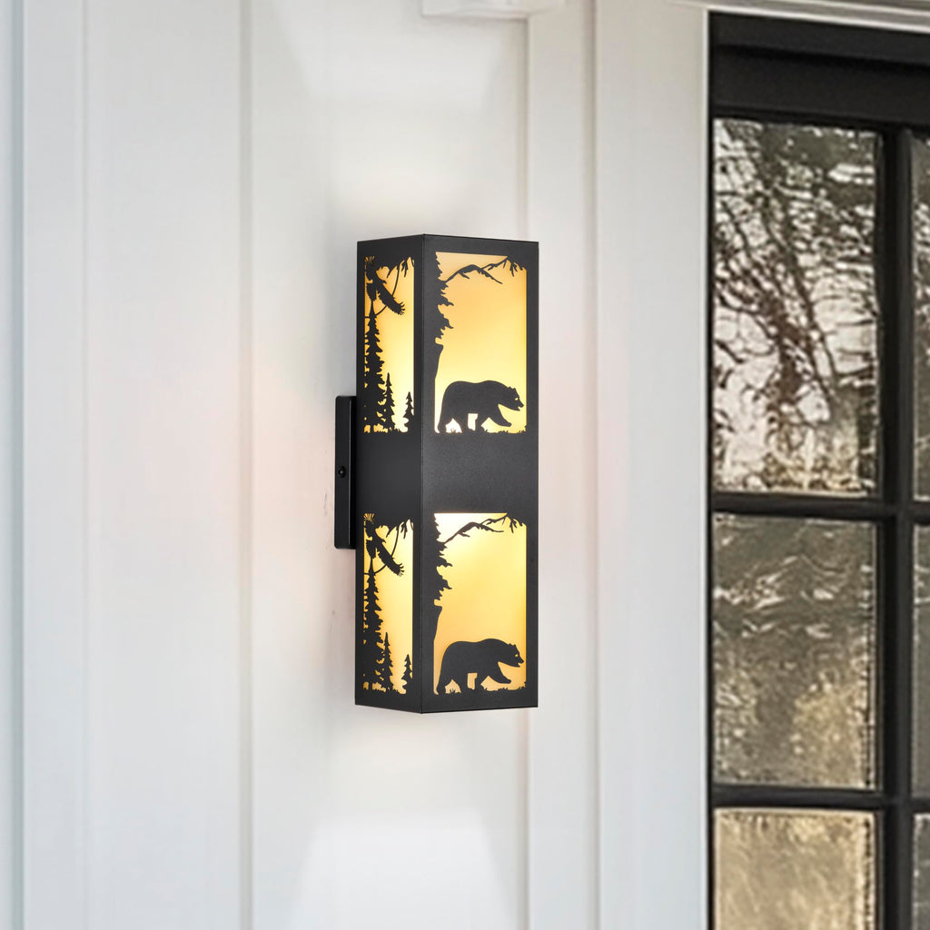Rustic Exterior Wall Lights with Bear Pattern, Black Porch Lights Outdoor with Warm Amber Lampshade, Waterproof Up