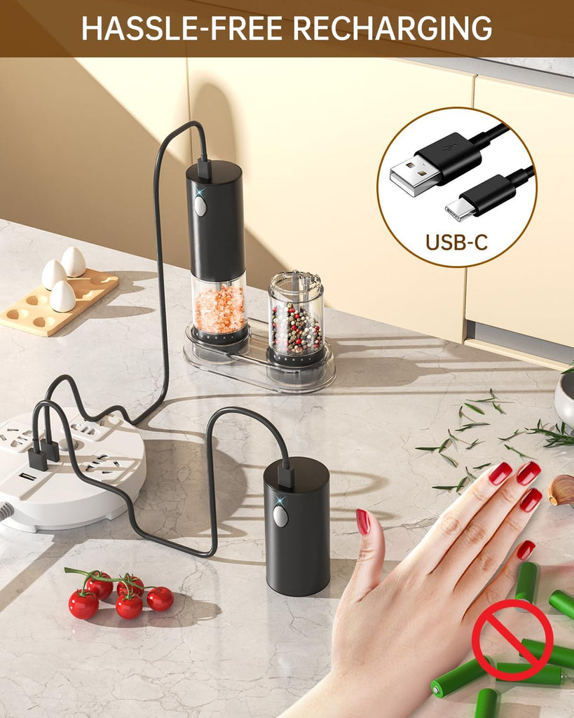 Electric Salt and Pepper Grinder Set Rechargeable Salt and Pepper Mills with 6-Level External Adjustable Coarseness - Set of 2