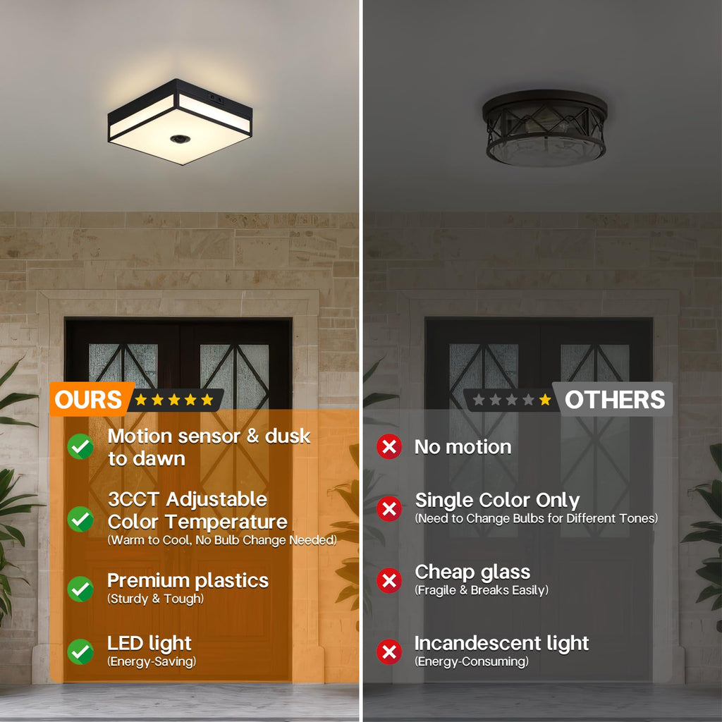 Motion Sensor Outdoor Light, Flush Mount Ceiling Fixture with 24W LED, Dusk to Dawn, Adjustable 3CCT, Black Exterior