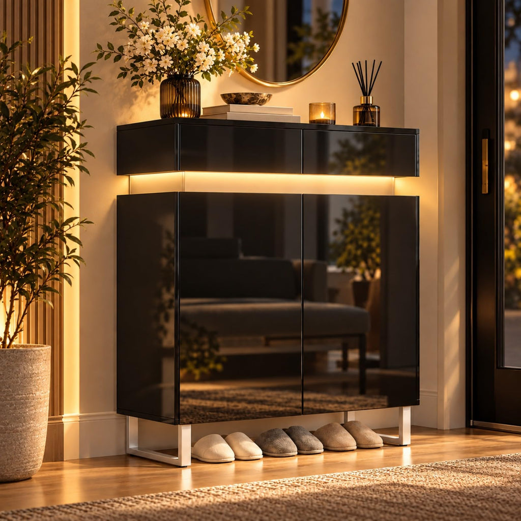 High Gloss Black Shoe Cabinet with LED Lights & 2 Storage Drawers