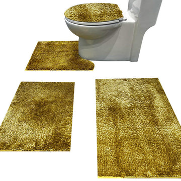 Bath Rug Set 4 Piece with Toilet Rug and Toilet Lid Cover Golden