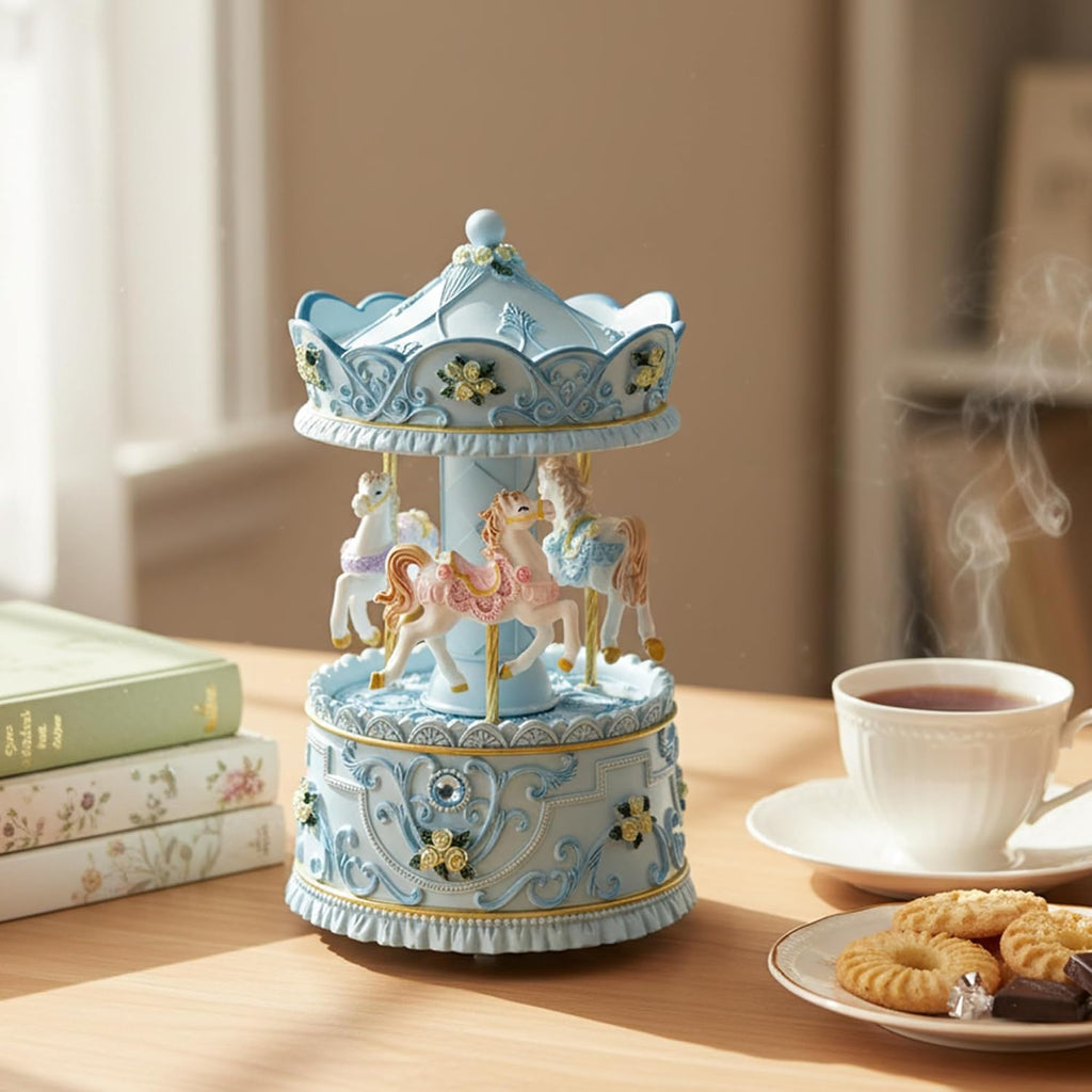 Lighted Rotating Carousel Music Box, Wind Up Musical Merry-Go-Round Figurine, Hand Painted Vintage Blue Collectible