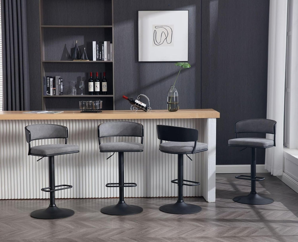 Adjustable Modern Bar Stools Set of 4 Faux Leather Barstools Swivel Counter Height Bar stools with Curved Back/Black