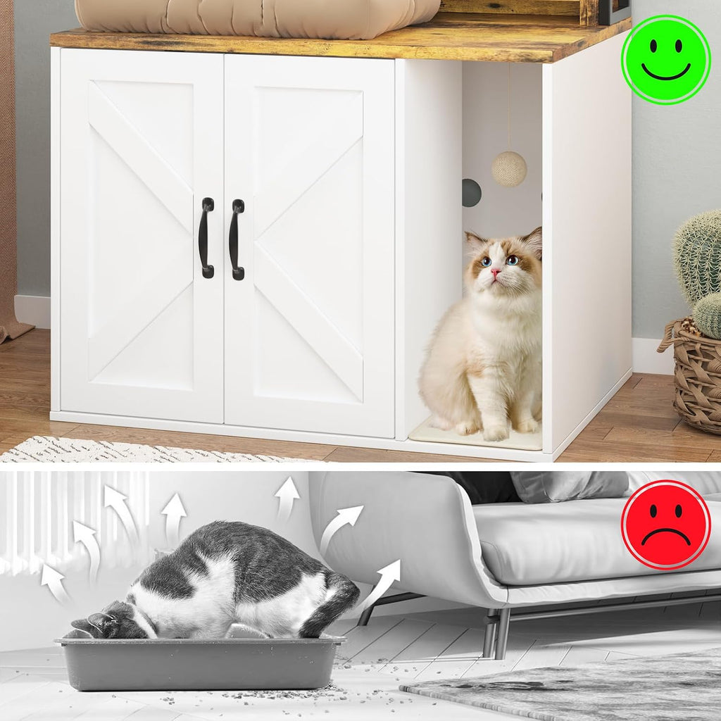 53" H Cat Litter Box Enclosure, Hidden Cabinet w/Storage & Charging, White