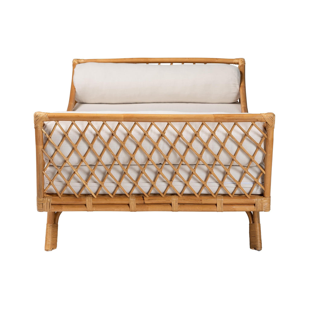 Akemi Handwoven Natural Rattan Daybed with Cushion - Boho Coastal Lounge Bed, or Sunroom