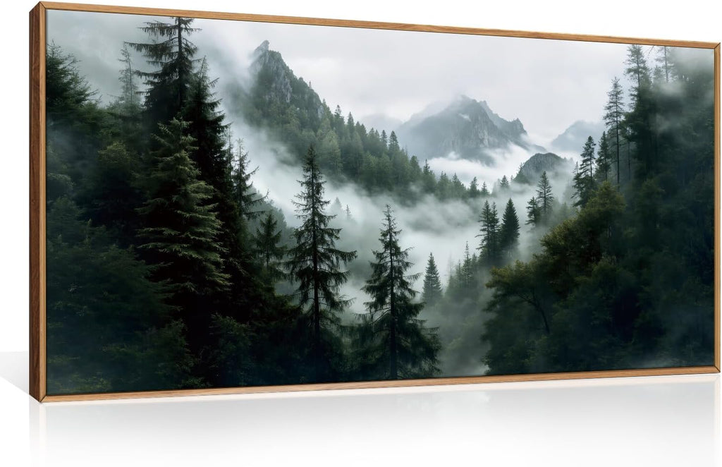 Boho Forest Mountain Framed Canvas Wall Art Set,Nature Foggy Woodland Ridge Wall Decor,Misty Pine Tree Artwork,Sage