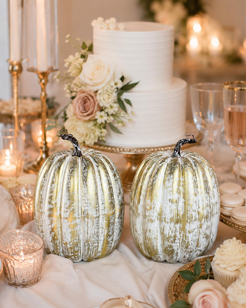 2 Pack 8 Inch Distressed Gold Artificial Pumpkins for Fall Decor