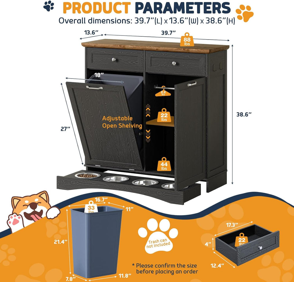Double Door Dog Feeding Station with Storage, 10 Gallons Tilt Out Trash Can Cabinet, Dog Food Cabinet with Dog Bowls