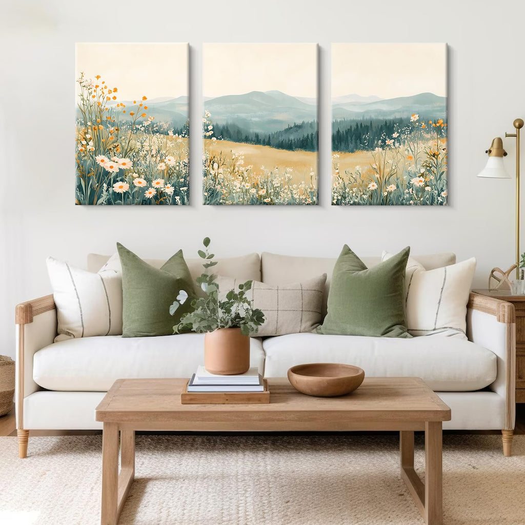 Boho Mountain Flower Wall Art Green Daisy Landscape Canvas Wall Decor Abstract Wildflower Art Prints Watercolor