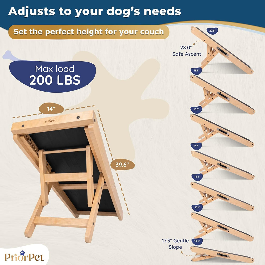 Dog Ramp for Couch - Non-Slip, Sturdy Build Foldable Wooden Dog Ramp - Supports up to 200 lbs - 7 Adjustable Heights