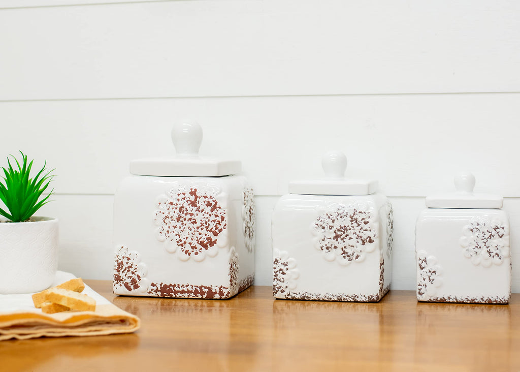 Floral White 10, 9, 8 inch Ceramic Food Storage Canisters Set of 3 (38995)