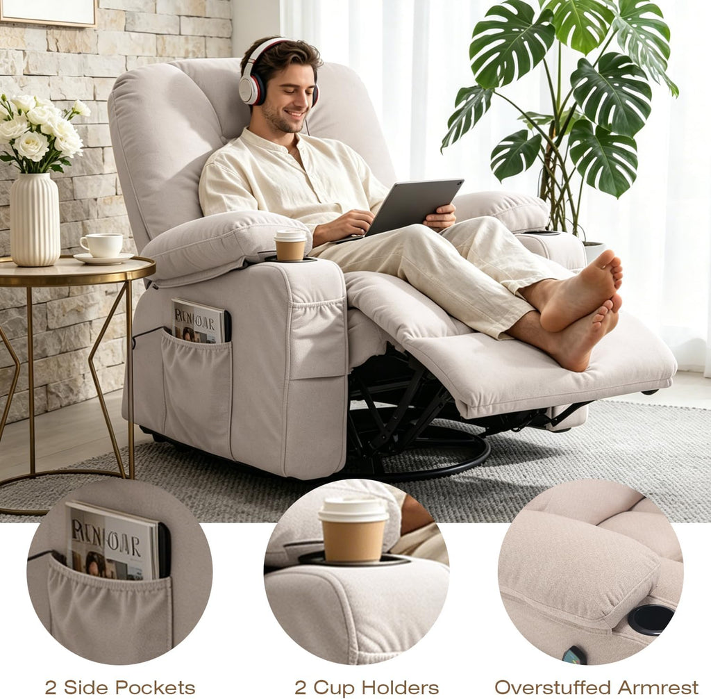 Rocking Recliner Chair with Massage Heat, Beige | Overstuffed Rocker Swivel Glider Sofa, Manul, Fabric, Living Room