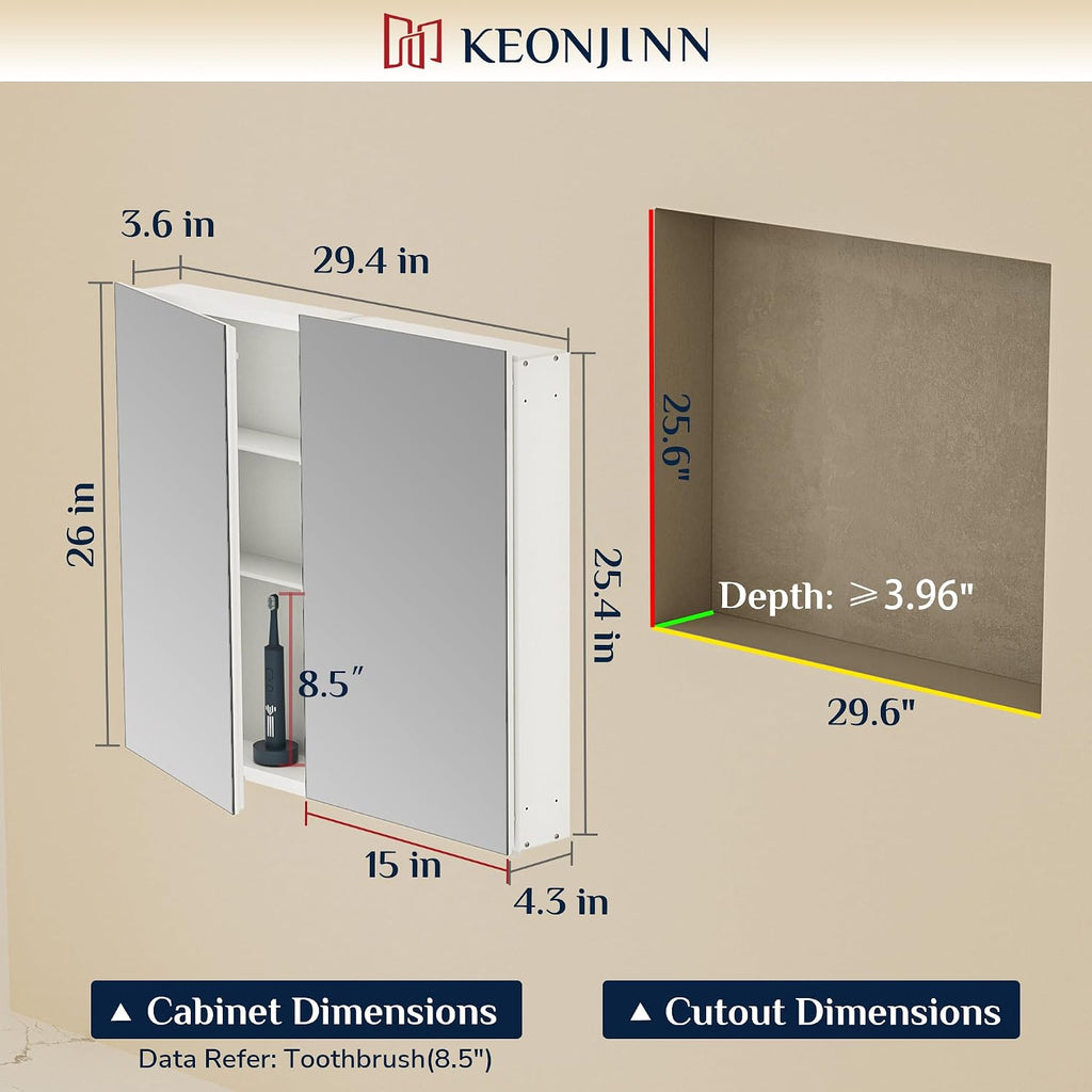 30 x 26 Inch Bathroom Medicine Cabinet with Mirror, Ample Storage | Assembly Needed, Freely Adjustable Shelves