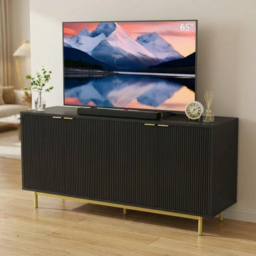58 Inch Black TV Stand for 65 Inch TV, Modern Fluted Media Console Table with 4 Doors, Large Entertainment Center