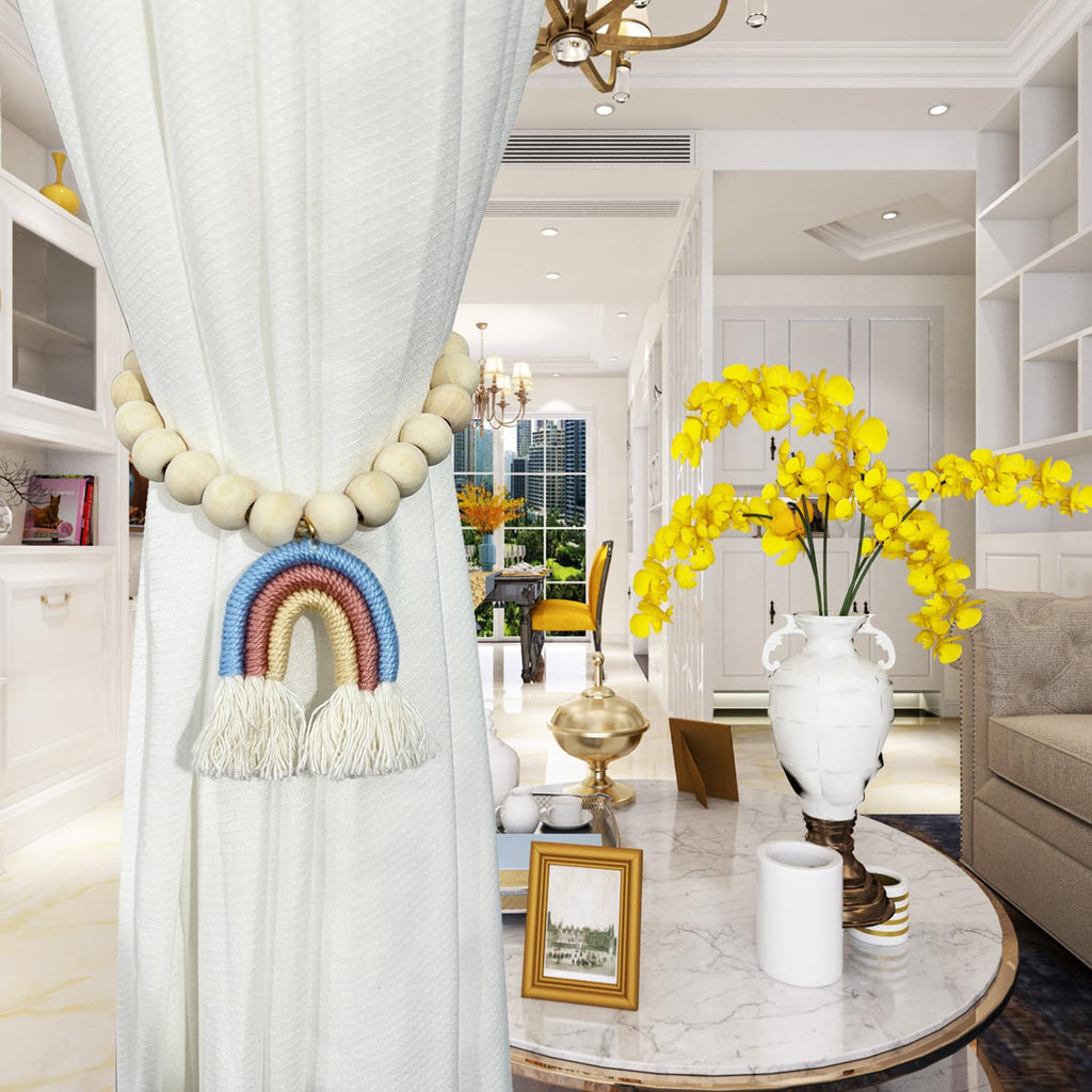 Wooden Beaded Curtain Tiebacks, Tassel Curtain Buckles Magnetic Curtain Buckles, Rainbow Tassel Curtain - 2 Pieces