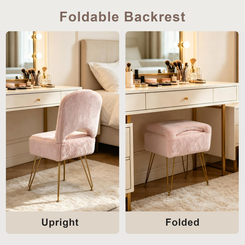Vanity Stool Chair with Storage and Folding Back, 4 Metal Legs with Anti-Slip Feet, 15.8" x 15.8" x 33" Square