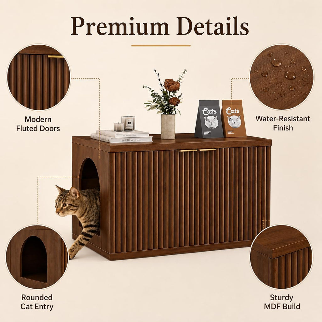 Cat Litter Box Enclosure, Modern Fluted Accent, Reddish Brown