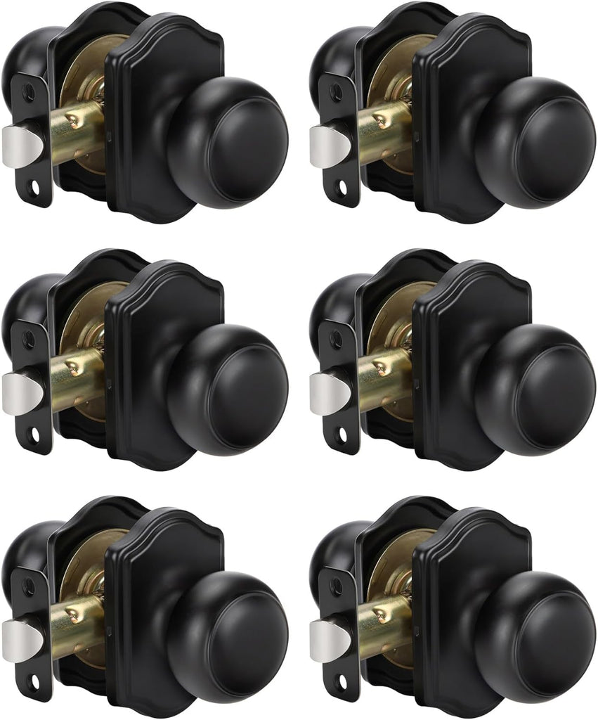 Matte Black Closet Door Knobs Interior No Lock, Passage Door Knobs Hallway, Black Door Knob Without Lock 6 Pack
