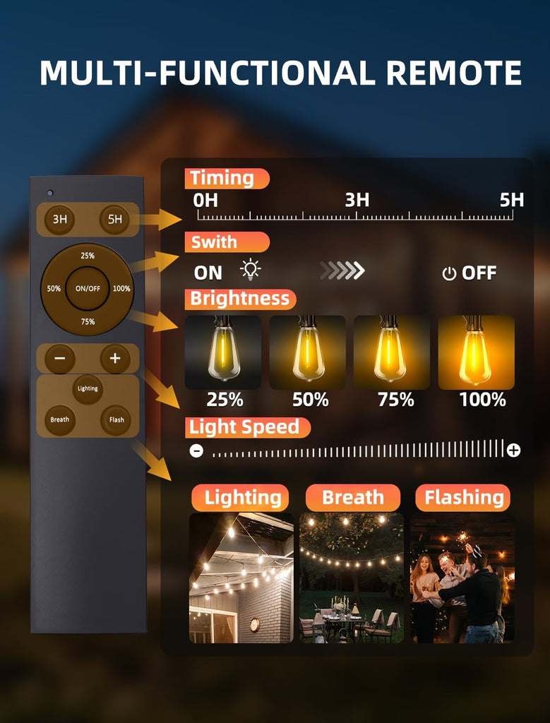 Outdoor Patio String Lights: 200Ft 60M Outside Waterproof Light - Remote Dimmable ST38 Shatterproof Bulb Connectable
