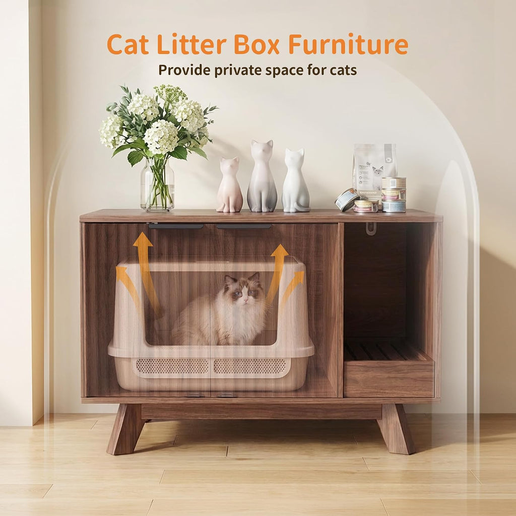 Cat Litter Box Enclosure with Litter Collector, Fluted Hidden Litter Box Furniture with Scratch Pad, 31" Wooden Cat