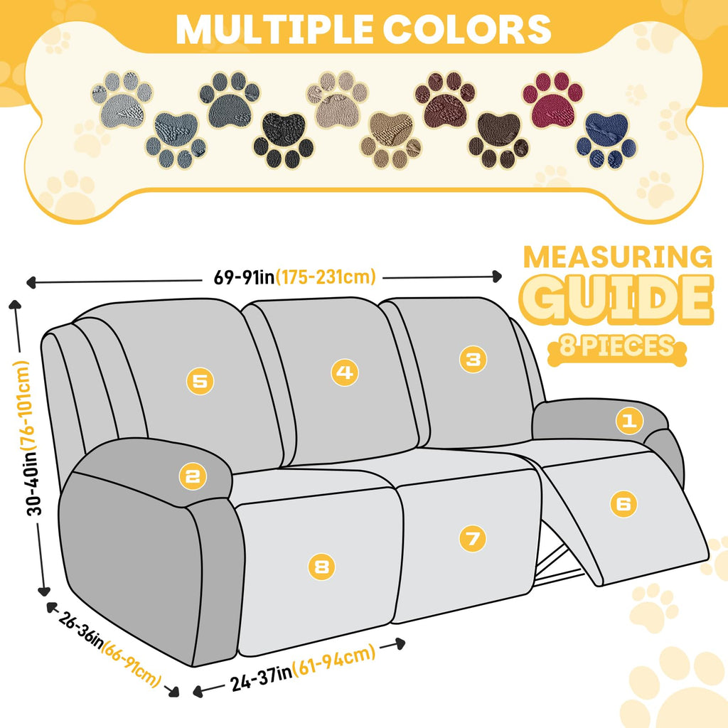 Stretch Recliner Couch Cover, 3 Seat, 8-Piece Set, Gray