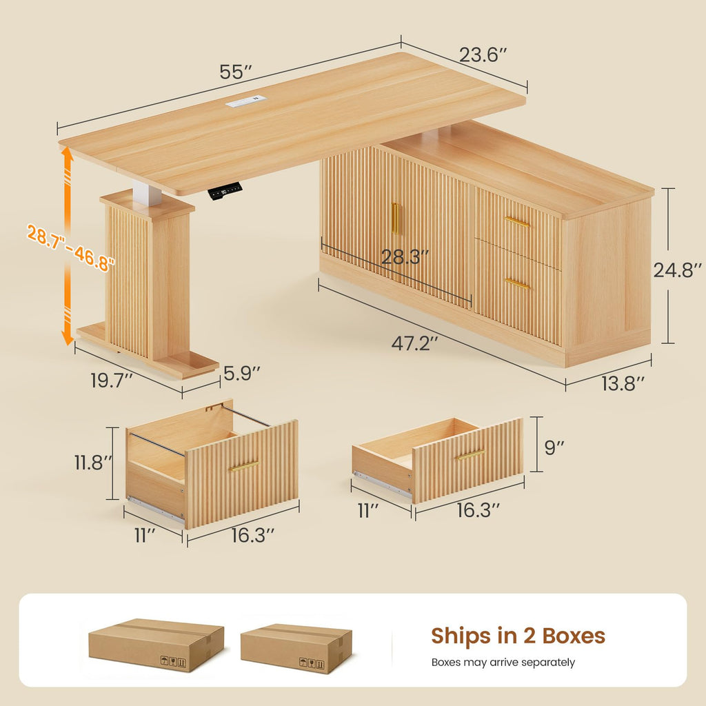 Fluted L Shaped Executive Electric Standing Desk with Drawers