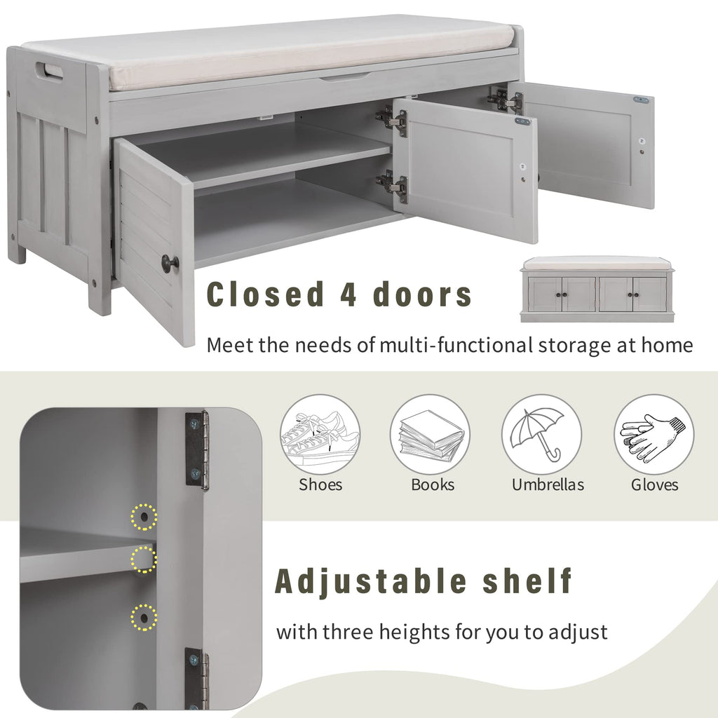 Upholstered Storage Bench with 4 Doors and Removable Cushion, Wooden Shoe Bench with Adjustable Shelves, Grey