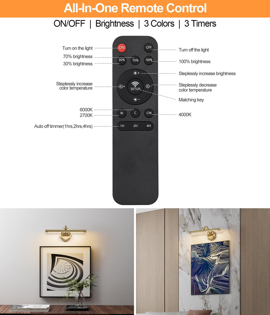 Picture Light for Wall,Battery Operated Art Lights for Painting,3 Color Selections and Brightness, Adjustable